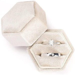 Velvet Jewelry Ring Box, Hexagon Premium Gorgeous Vintage Double Ring Gift Box